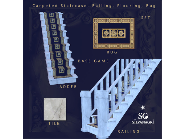 Maxis Match SG_Set of carpeted staircase, railing, flooring, and rug. by SG_silvanagri - The Sims 4 custom content