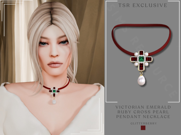 Alpha Victorian Emerald Ruby Cross Pearl Pendant Necklace by Glitterberryfly - The Sims 4 custom content