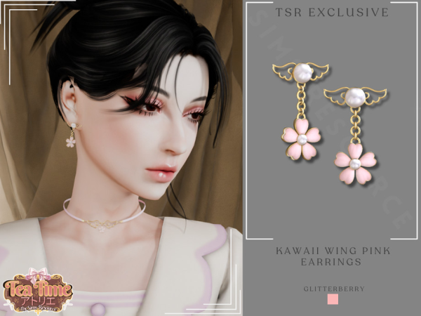 Alpha Kawaii Wing Pink Earrings by Glitterberryfly - The Sims 4 custom content