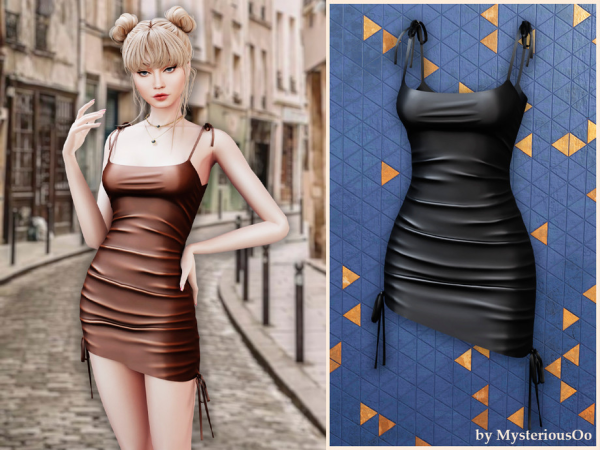 Alpha Ruched satin mini dress with tie straps by MysteriousOo - The Sims 4 custom content