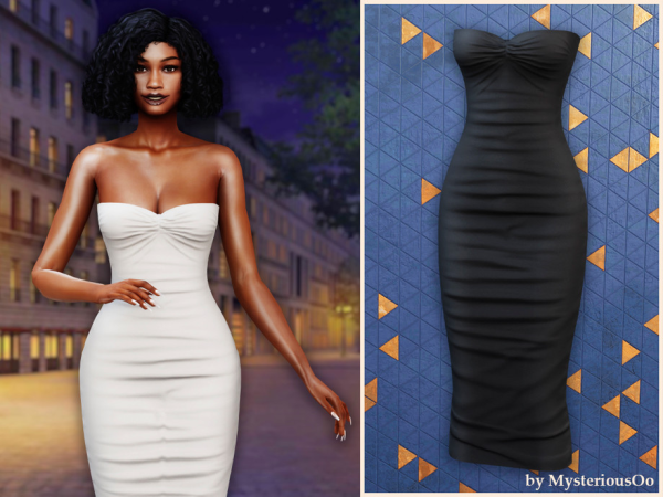Alpha Strapless ruched midi bodycon dress by MysteriousOo - The Sims 4 custom content