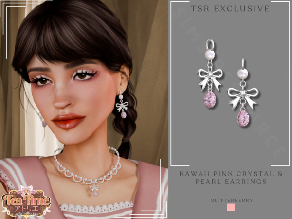 Alpha Kawaii Pink Crystal & Pearl Bow Earrings by Glitterberryfly - The Sims 4 custom content