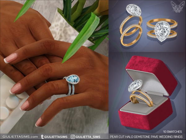 Alpha Halo Pear Cut Pave Wedding Rings by feyona - The Sims 4 custom content