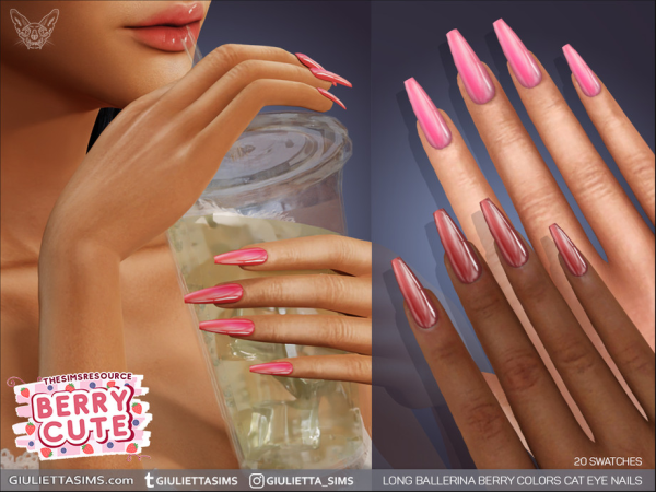 Alpha Berry Cute Long Ballerina Berry Colors Cat Eye Nails by feyona - The Sims 4 custom content