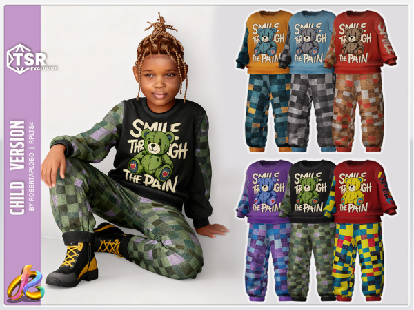 Alpha 346 Child Boy SET Trendy Kids Teddy Bear Sweater and Patchwork Jogger by RobertaPLobo - The Sims 4 custom content