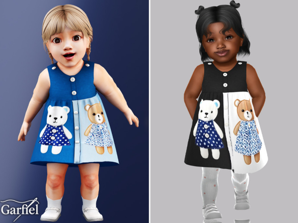 Alpha Infant Sleeveless button dress with teddy artwork panels by Garfiel - The Sims 4 custom content
