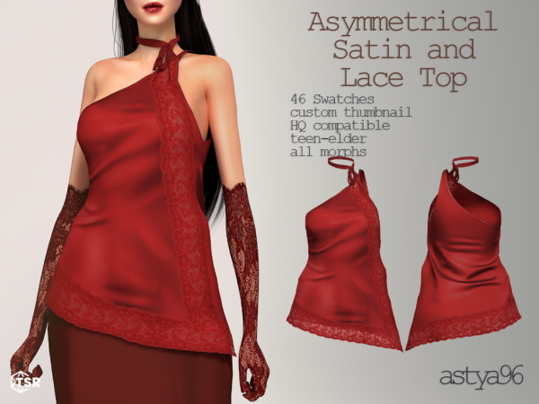 Alpha Asymmetrical Satin and Lace Top by astya96cc - The Sims 4 custom content