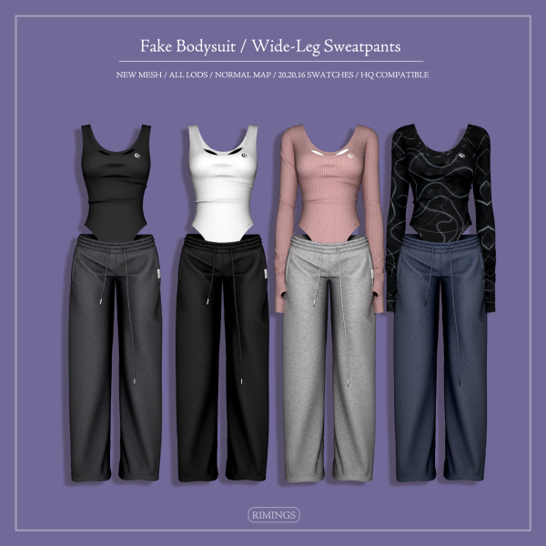 Alpha [RIMINGS] Fake Bodysuit / Wide Leg Sweatpants by simsfinds - The Sims 4 custom content