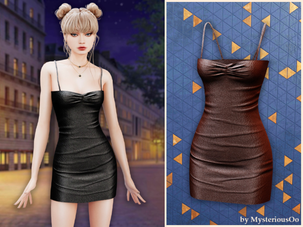 Alpha Ruched leather strap mini dress by MysteriousOo - The Sims 4 custom content